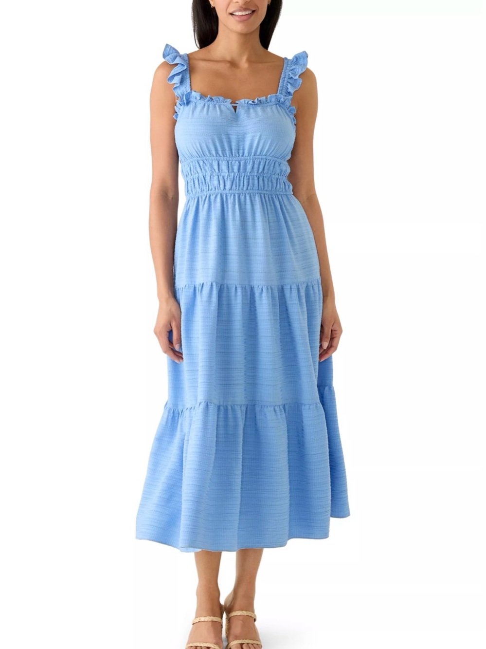 Maison Tara Women’s Blue Windowpane Ruffle Midi Dress! Size 6.